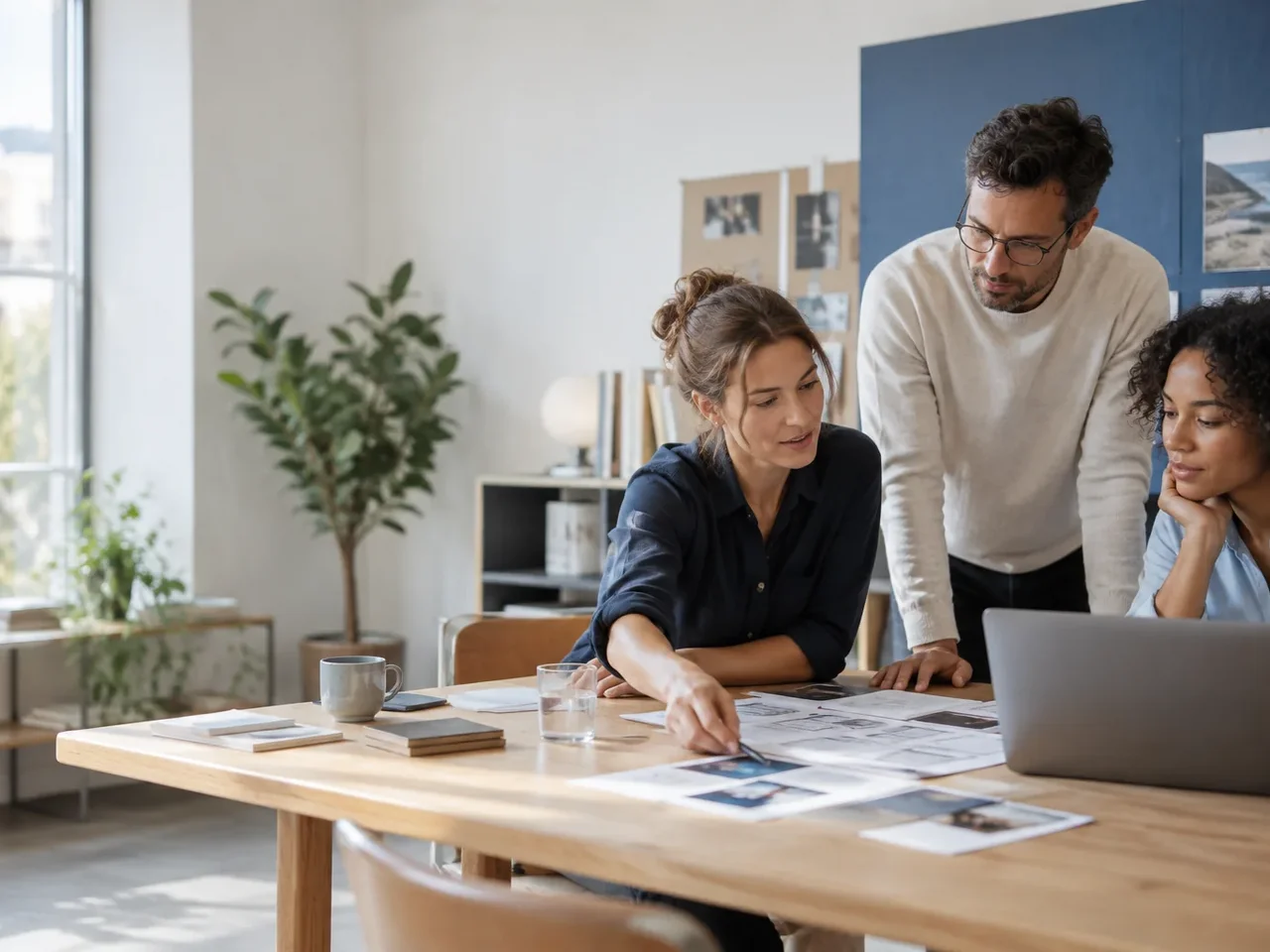 Three colleagues review digital strategy concepts around a studio table