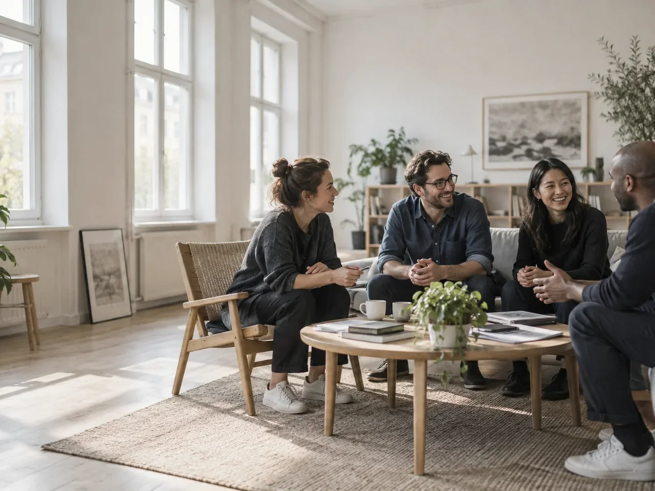 Colleagues share ideas in a bright, relaxed studio conversation