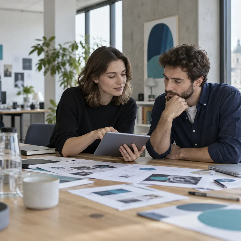 Two colleagues review a product prototype on a tablet