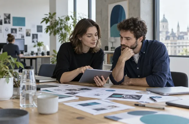 Two colleagues review a product prototype on a tablet