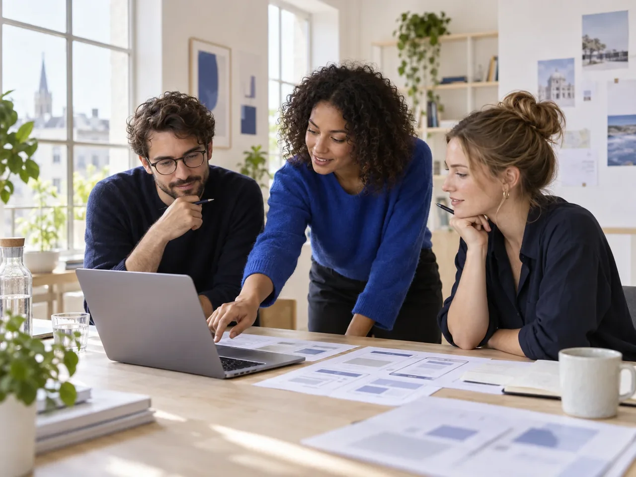 Three colleagues review a service website journey at a studio table