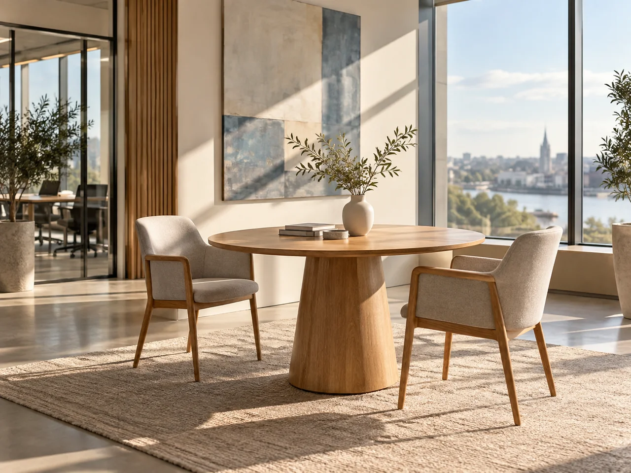 A welcoming sunlit meeting space with a round table