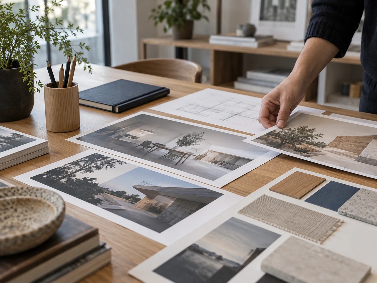 Printed project concepts and materials arranged on a worktable