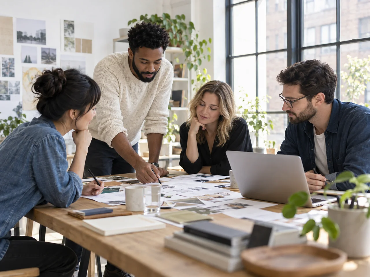 A team reviews ideas together at a bright studio table